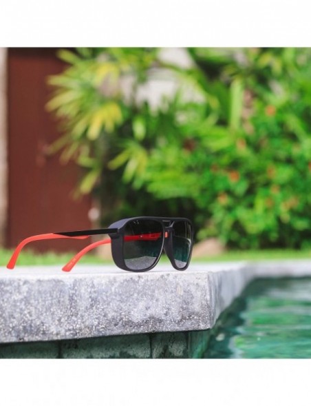Square Polarized Modern Square Aviator Sunglasses for Men - Black Frame/ Red Temple Tips/Black Lens - CW18IGK98OL $20.18