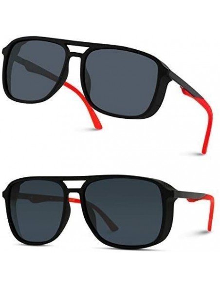 Square Polarized Modern Square Aviator Sunglasses for Men - Black Frame/ Red Temple Tips/Black Lens - CW18IGK98OL $20.18