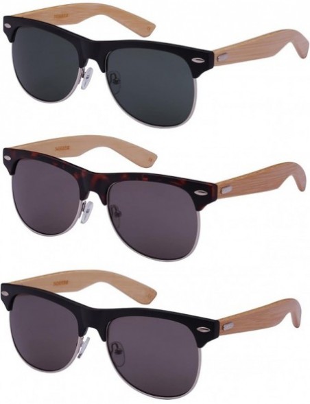 Square Retro Half Frame Horned Rim Bamboo Wood Sunglasses 540908BM-SD - Matte Black/Grey - CM124UM6NOH $9.97