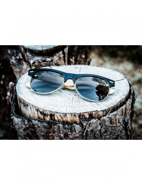 Square Retro Half Frame Horned Rim Bamboo Wood Sunglasses 540908BM-SD - Matte Black/Grey - CM124UM6NOH $9.97