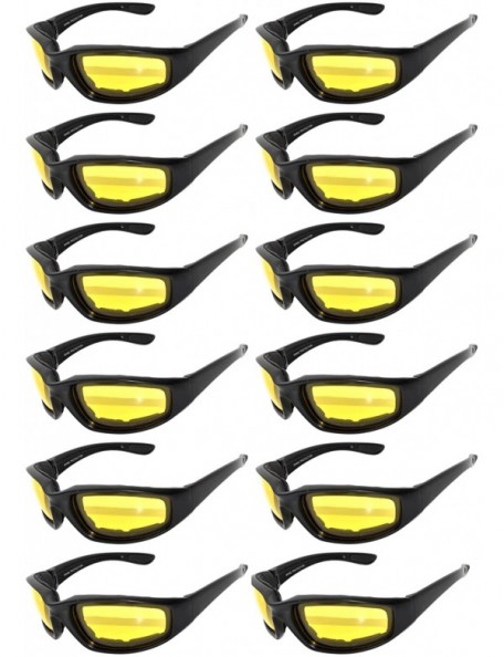 Goggle Wholesale of 12 Pairs Motorcycle Padded Foam Glasses Assorted Color Lens - 12_blk_yl - CH12NUMH23W $31.36