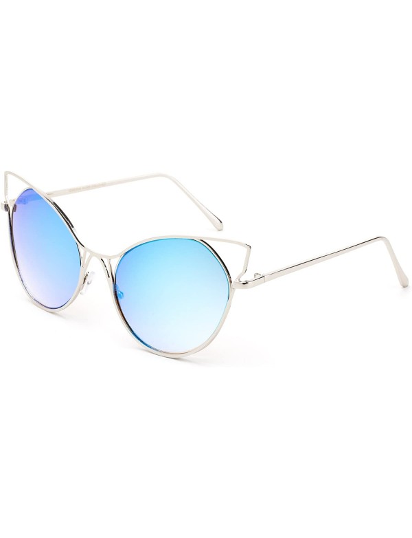 Cat Eye Modern Geometric Flash Lenses Fashion Sunglasses Cat Eye for Women - Silver/Blue - C017YDZ3OHS $10.14