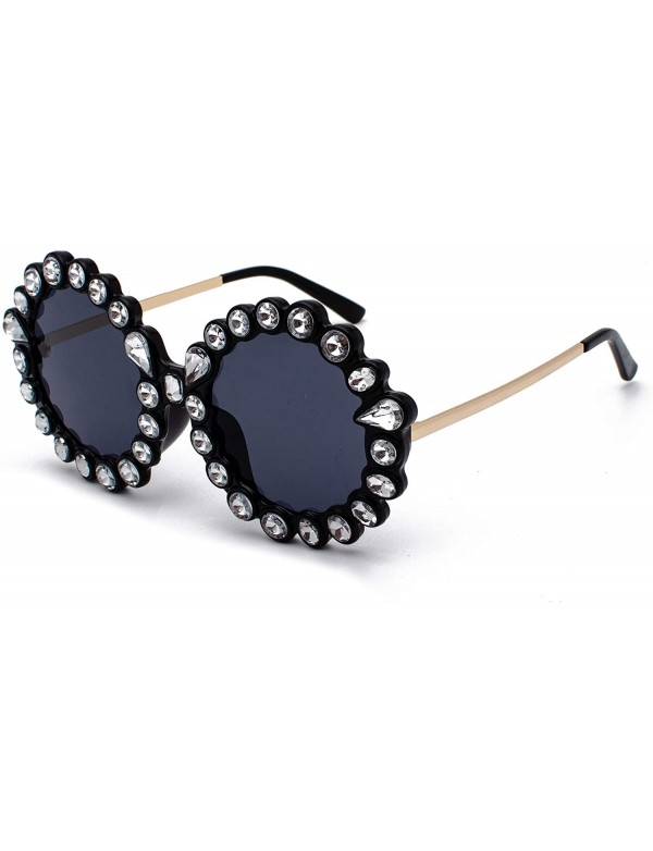 Oversized Women Big Rhinestone Sunglasses Oversized Round Flower Shape - Black - CF18SO68O95 $12.23