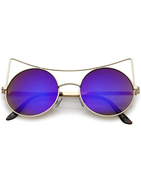 Cat Eye Women's Oversize Open Metal Mirrored Round Flat Lens Cat Eye Sunglasses 54mm - Gold / Blue Mirror - CP182EXNSQA $14.66