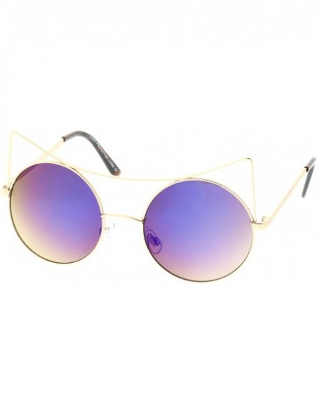 Cat Eye Women's Oversize Open Metal Mirrored Round Flat Lens Cat Eye Sunglasses 54mm - Gold / Blue Mirror - CP182EXNSQA $14.66