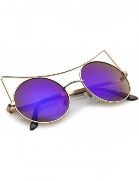 Cat Eye Women's Oversize Open Metal Mirrored Round Flat Lens Cat Eye Sunglasses 54mm - Gold / Blue Mirror - CP182EXNSQA $14.66