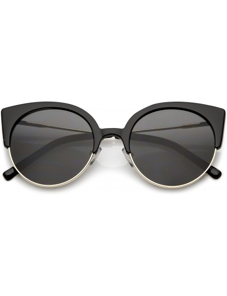 Semi-rimless Women's Half Frame Ultra Slim Arms Round Flat Lens Cat Eye Sunglasses 53mm - Black Gold / Smoke - CM184RAHHXN $2...