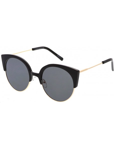 Semi-rimless Women's Half Frame Ultra Slim Arms Round Flat Lens Cat Eye Sunglasses 53mm - Black Gold / Smoke - CM184RAHHXN $1...