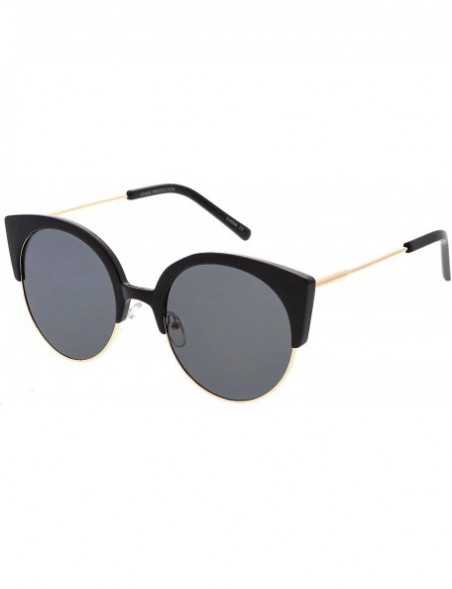 Semi-rimless Women's Half Frame Ultra Slim Arms Round Flat Lens Cat Eye Sunglasses 53mm - Black Gold / Smoke - CM184RAHHXN $1...