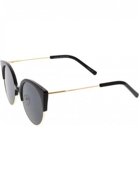 Semi-rimless Women's Half Frame Ultra Slim Arms Round Flat Lens Cat Eye Sunglasses 53mm - Black Gold / Smoke - CM184RAHHXN $1...