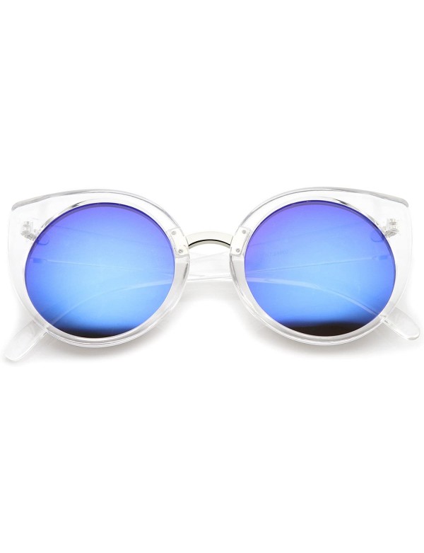 Round Women's Fashion Round Iridescent Mirror Lens Cat Eye Sunglasses 55mm - Clear-silver / Blue Mirror - CM12J18FB6L $9.97
