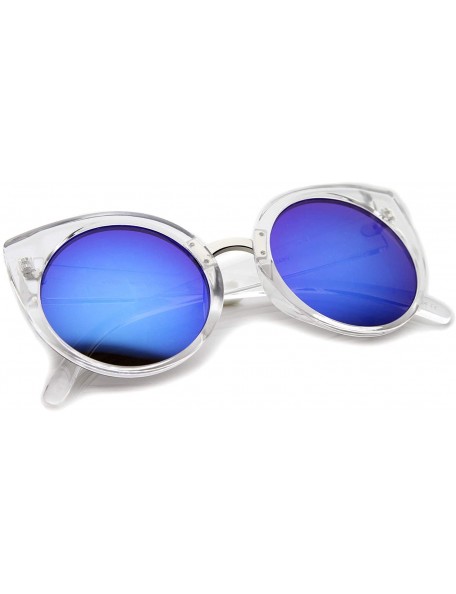 Round Women's Fashion Round Iridescent Mirror Lens Cat Eye Sunglasses 55mm - Clear-silver / Blue Mirror - CM12J18FB6L $9.97