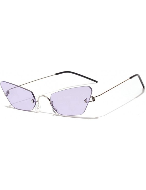 Rimless Small Cat Eye Sunglasses Women Narrow Thin Metal Retro Sun Glasses Rimless UV400 - Silver With Purple - CJ18QQU2DG4 $...