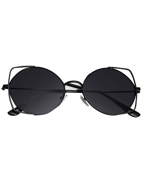 Round Sunglasses For Women- Cat Eye Mirrored Flat Lenses Metal Frame Sunglasses - Black - C218RGSO93C $16.24
