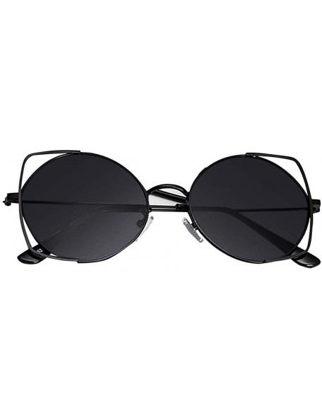 Round Sunglasses For Women- Cat Eye Mirrored Flat Lenses Metal Frame Sunglasses - Black - C218RGSO93C $9.70