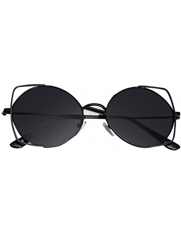 Round Sunglasses For Women- Cat Eye Mirrored Flat Lenses Metal Frame Sunglasses - Black - C218RGSO93C $9.70