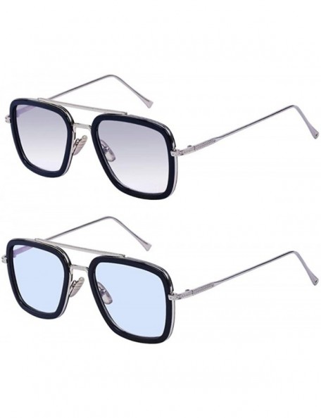Aviator Retro Sunglasses Square Metal Frame for Men Women Tony Stark Sunglasses Downey Iron Man - Blue Lens+gray Lens - CK193...