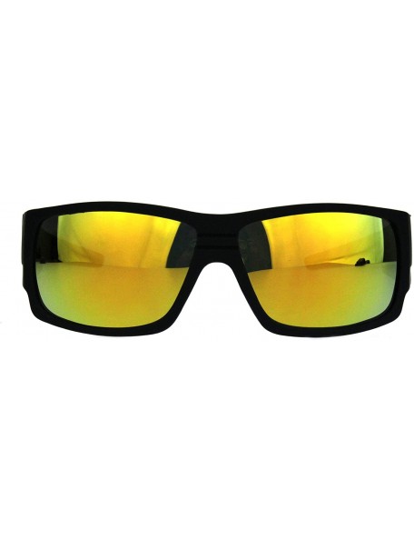 Rectangular Mens Thick Temple Warp Around Biker Rectangular Plastic Sunglasses - Black Yellow Mirror - CP18LQSH7LD $8.13