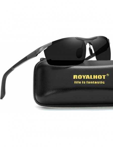 Sport Polarized Sunglasses for Men Rectangular Aluminum Magnesium Frame for Driving Fishing Golf Sport - Grey Black - CS18A0R...