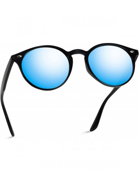 Shield Classic Small Round Retro Sunglasses - Black Frame / Mirror Blue Lens - CK125MDUJAB $12.83