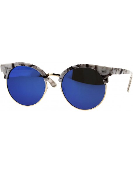 Round Womens Mod Round Half Rim Hipster Designer Sunglasses - White Marble Blue Mirror - CO18G6G6EU4 $14.02