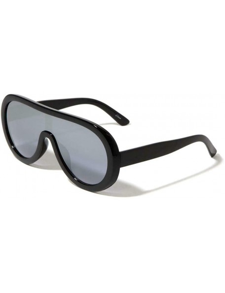 Shield Thick Bold Round Shield One Piece Lens Retro Aviator Sunglasses - Black Frame - CD18AM55UR7 $12.72