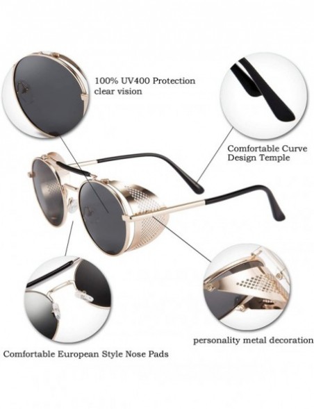 Shield Steam Punk Sunglasses for Men Women Side Shield Round Steampunk Vintage Glasses Shades B2518 - 01 Black - CN18XAO5O0S ...