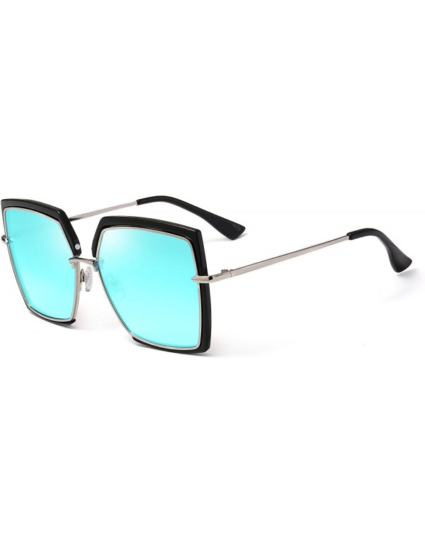 Square Sunglasses for Women - Cat Eye Mirrored Flat Lenses Metal Frame Sunglasses - Jej068-sky Blue - CP18NE8HITD $10.52