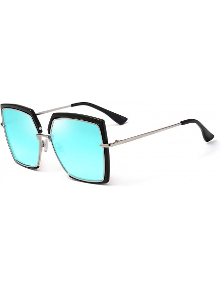 Square Sunglasses for Women - Cat Eye Mirrored Flat Lenses Metal Frame Sunglasses - Jej068-sky Blue - CP18NE8HITD $10.52