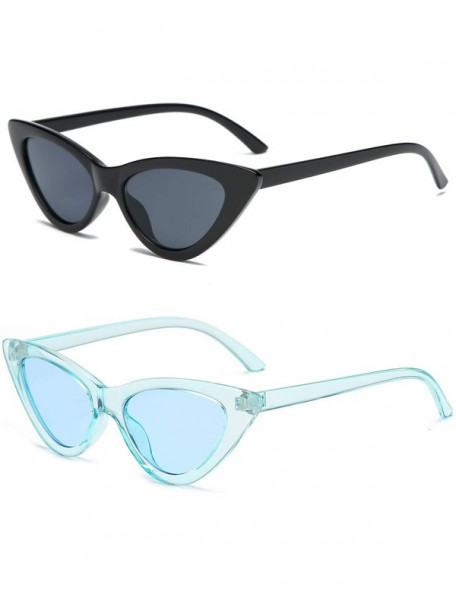 Wayfarer Retro Vintage Narrow Cat Eye Sunglasses for Women Clout Goggles Plastic Frame - Black Grey + + Clear Blue / Blue - C...