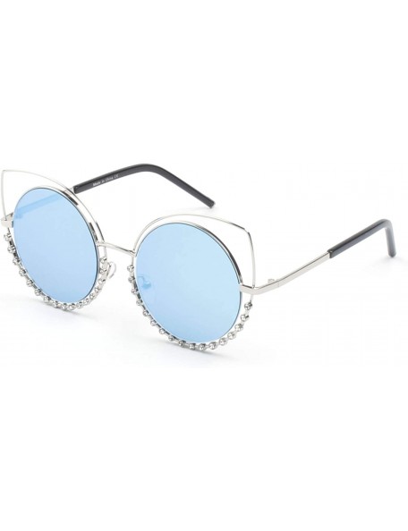 Cat Eye Women Metal Circle Round Rhinestone High Pointed Cat Eye Fashion Sunglasses - Blue - CJ18WQ6ZT3M $18.45