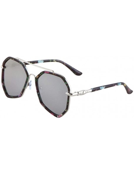 Aviator Color Mirror Flat Lens Flower Print Frame Geometric Aviator Sunglasses - Grey Black - CE190OLAUGZ $18.11