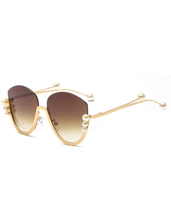 Rimless Fashion Pearl Cat Eye Sunglasses Ladies Metal Half Frame Sun Glasses For Women - Gold With Brown - C418ILZ7OZX $13.13