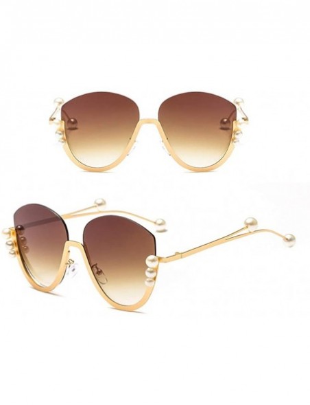 Rimless Fashion Pearl Cat Eye Sunglasses Ladies Metal Half Frame Sun Glasses For Women - Gold With Brown - C418ILZ7OZX $13.13