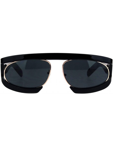 Oval Retro Flat Top Double Rim Vintage Mobster Thick Plastic Sunglasses - All Black - C418L3N3ND9 $10.71