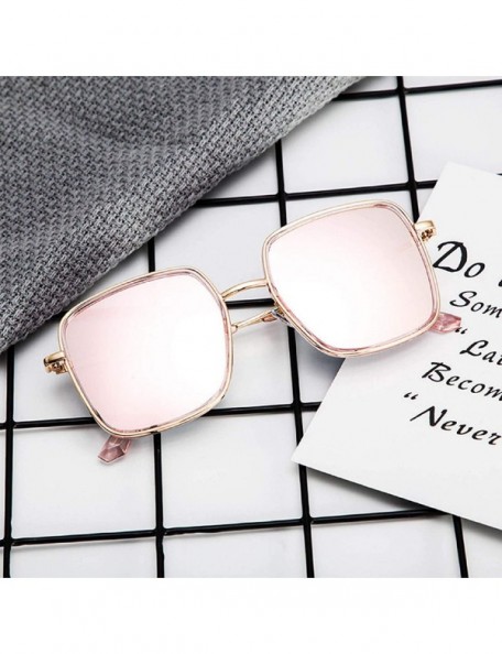 Square Fashion Oversized Square Sunglasses for Women Vintage Flat Mirrored Lens Metal Classic Sun Glasses - Pink - CW18U85YX8...