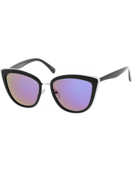 Oversized High Fashion Metal Outer Frame Color Mirror Lens Oversized Cat Eye Sunglasses 55mm - Black-silver / Blue Mirror - C...