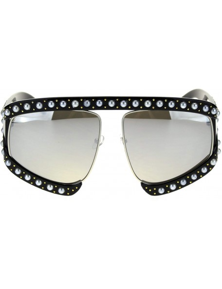 Oversized Pearl Jewel Stud Flat Top Oversize Mob Celebrity Sunglasses - Black Silver Mirror - C618TI3G5WW $26.75