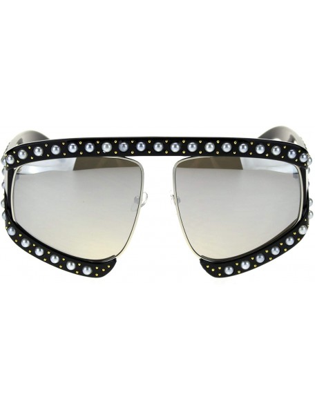 Oversized Pearl Jewel Stud Flat Top Oversize Mob Celebrity Sunglasses - Black Silver Mirror - C618TI3G5WW $17.12