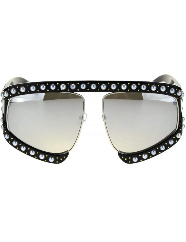 Oversized Pearl Jewel Stud Flat Top Oversize Mob Celebrity Sunglasses - Black Silver Mirror - C618TI3G5WW $17.12
