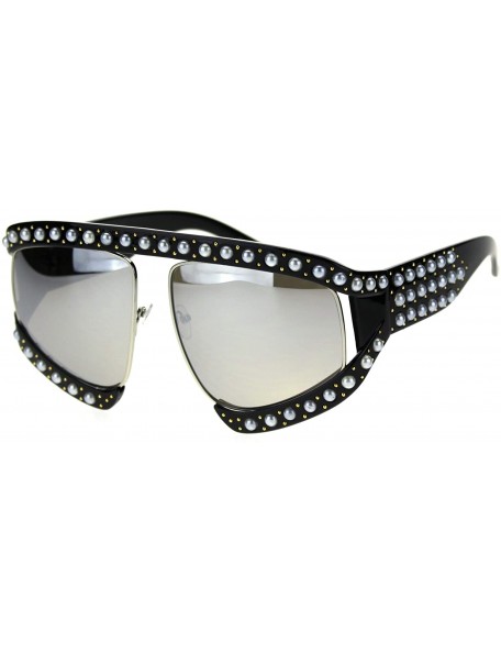 Oversized Pearl Jewel Stud Flat Top Oversize Mob Celebrity Sunglasses - Black Silver Mirror - C618TI3G5WW $17.12