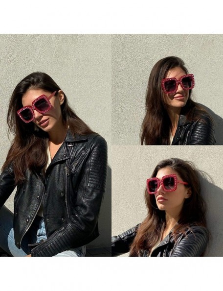 Oversized Large Jeweled Sunglasses for Women Crystal Bling Studded Oversized Square Frame - Black+pink - CP18IZONR9T $20.07