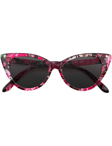 Round Cateye Sunglasses for Women Classic Vintage High Pointed Winged Retro Design - Floral / Smoke - C818IHTWKKA $11.77