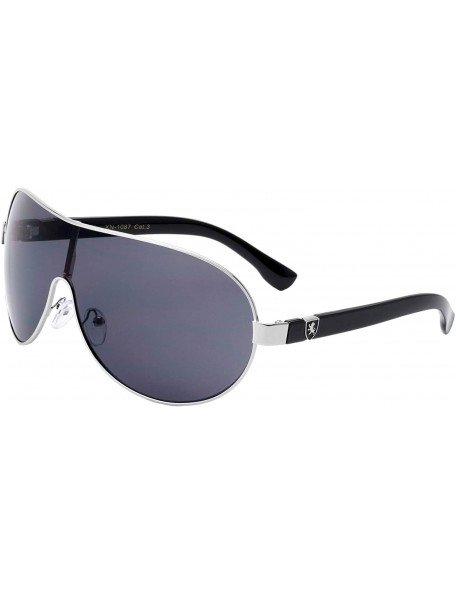 Shield Thick Color Temple Thin Frame Curved One Piece Shield Lens Sunglasses - Black Silver - CS199HZ5UC2 $18.81