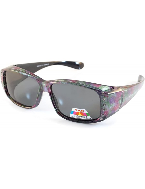 Rectangular Floral Pattern Bling Rectangular Polarized OTG Sunglasses P009 - Green Red Flower - C218UQ6UM66 $14.30