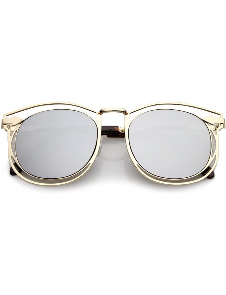 Wayfarer Oversize Open Metal Arrow Round Mirror Flat Lens Horn Rimmed Sunglasses 55mm - Gold / Silver Mirror - C1182EXMGQK $1...