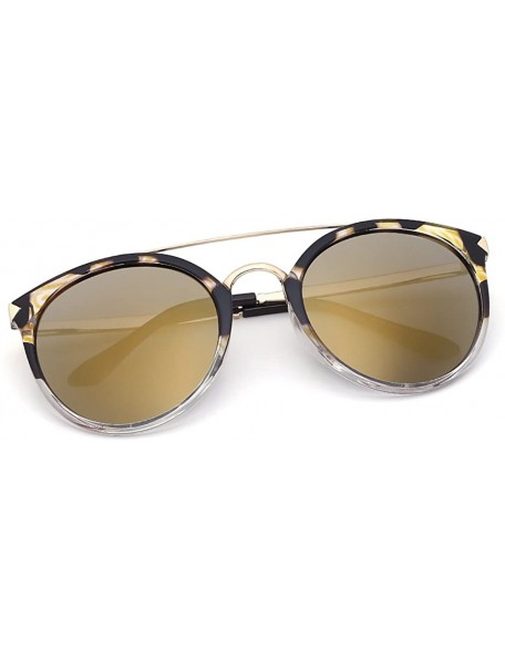 Round Women Futuristic Flat Top Browbar Mirrored Polarized Sunglasses - Lepoard - C71833WUINK $24.74