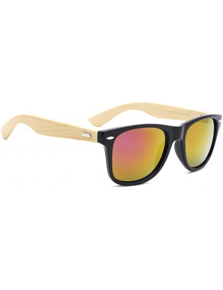 Square Fashion Square Bamboo Wood Mirrored Sunglasses for Men Women - Black Frames/Purple Lens - CV183M4WTGE $21.01