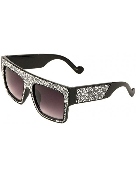 Oversized Oversized Flat Top Square Rhinestone Glitter Sunglasses - Smoke Silver - C8197MME3IR $15.51