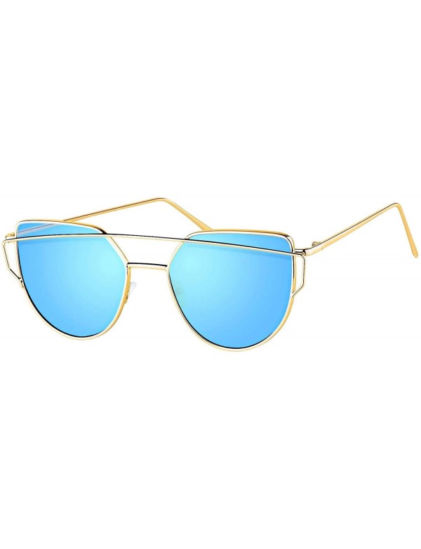 Aviator Sunglasses for Women Cat Eye Mirrored Flat Lenses Metal Frame Fashion Sunglasses UV 400 - Blue - CS184ZTWX7L $9.60